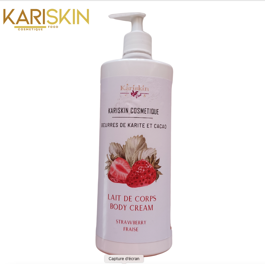Lait de Corps au Karité Fraise 500ML | Beurre de Cacao, Baobab & Coco | Hydratation Intense | Kariskin