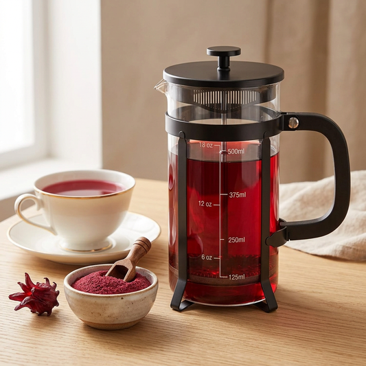 French Press remplie d'infusion d'hibiscus rouge avec une tasse de bissap et de la poudre d'hibiscus