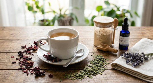 Femme préparant une infusion avec des ingrédients végétaux pour une routine bien-être naturelle