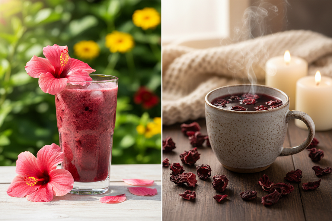 Smoothie rouge hibiscus en été et tisane chaude bissap en hiver