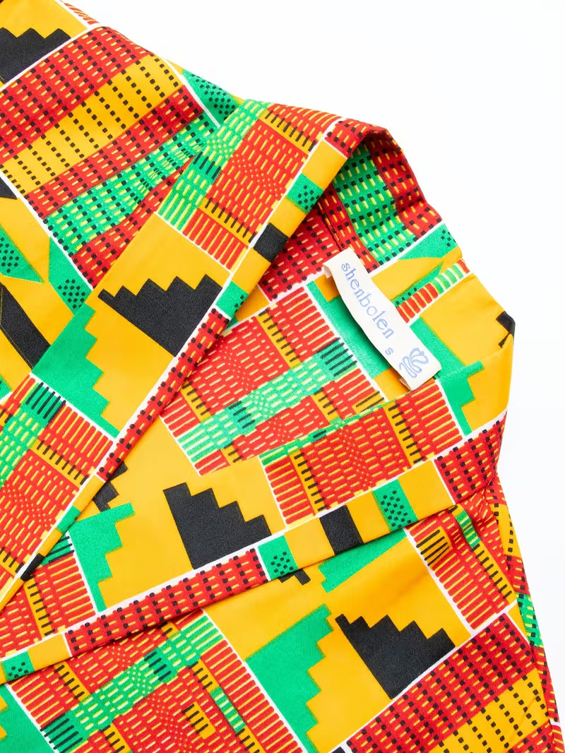 Veste Femme Col V Wax Africain – Motif Géométrique Vert Jaune rouge | L'île de Gorée
