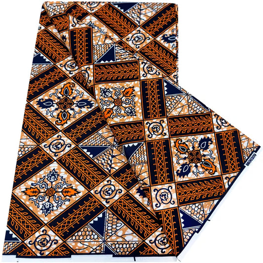 Tissu Imprimé Africain Ankara Kente – Motif Géométrique Marron & Beige | 5,49 Mètres