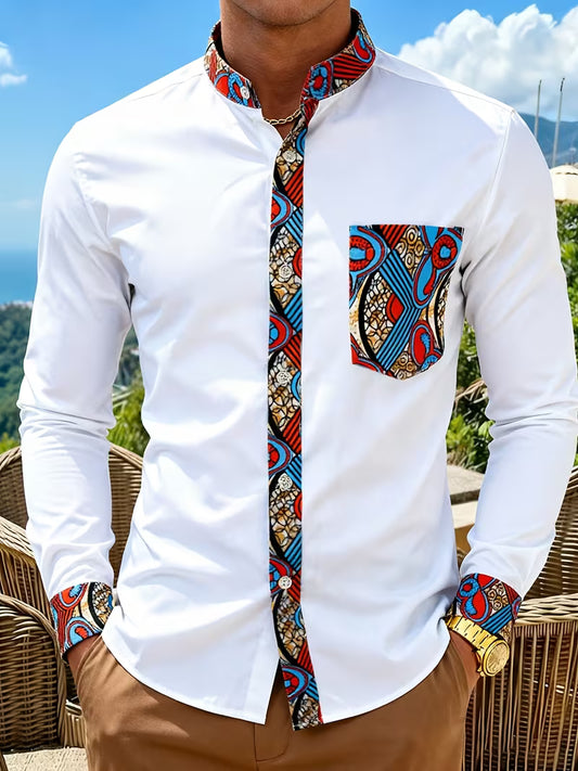 Chemise Homme Blanche Wax Africain – Détails Ankara Bleu & Rouge | L'île de Gorée