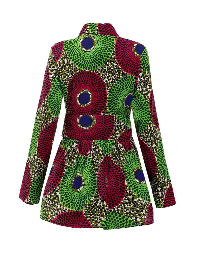 Veste Femme Col V Wax Africain – Motif Géométrique Violet & Vert | L'île de Gorée