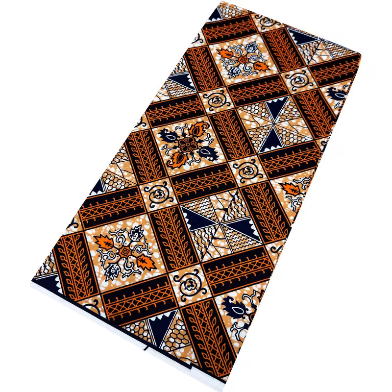 Tissu Imprimé Africain Ankara Kente – Motif Géométrique Marron & Beige | 5,49 Mètres