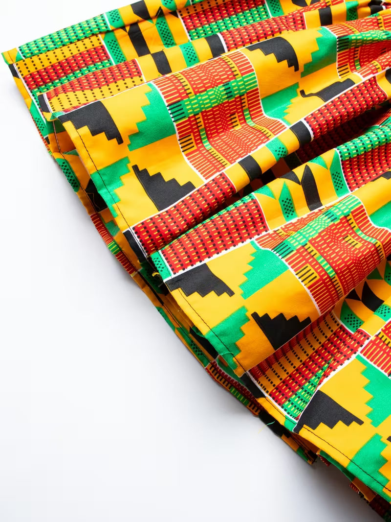 Veste Femme Col V Wax Africain – Motif Géométrique Vert Jaune rouge | L'île de Gorée