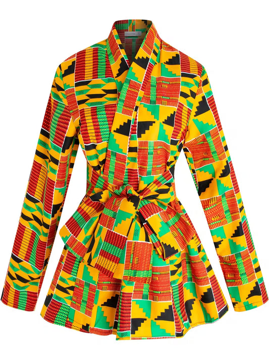 Veste Femme Col V Wax Africain – Motif Géométrique Vert Jaune rouge | L'île de Gorée