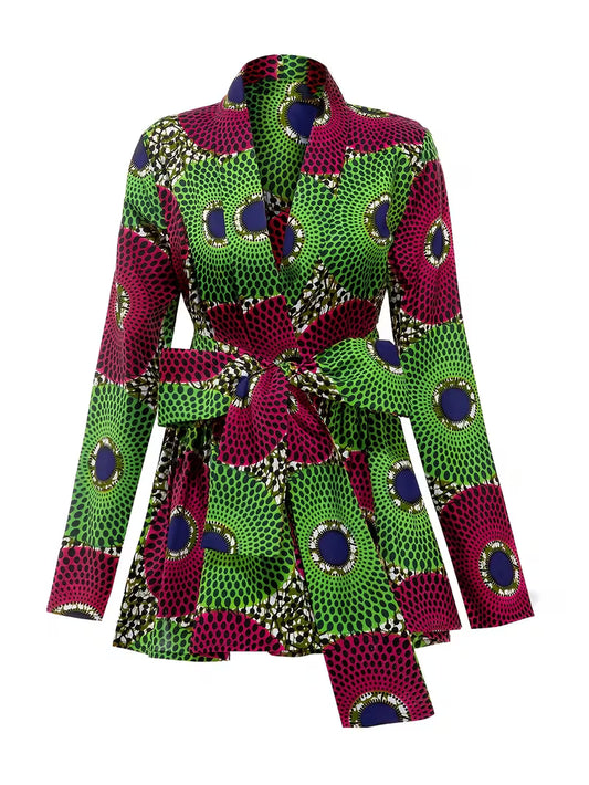 Veste Femme Col V Wax Africain – Motif Géométrique Violet & Vert | L'île de Gorée