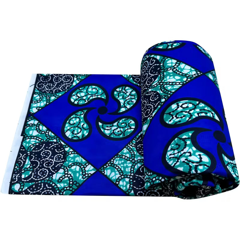 Tissu Imprimé Africain Ankara Kente – Motif Géométrique Bleu vert | 5,49 Mètres