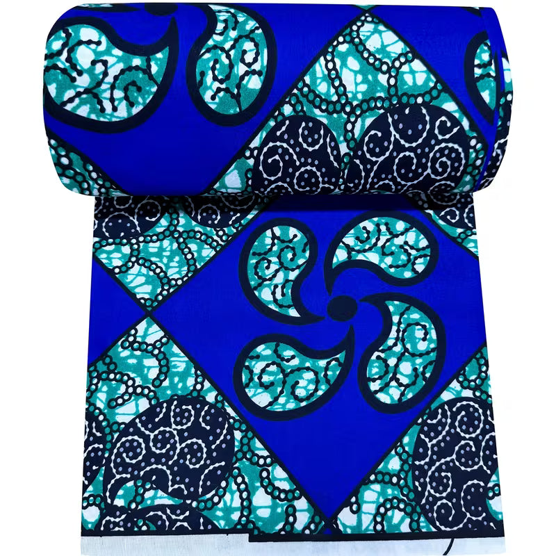 Tissu Imprimé Africain Ankara Kente – Motif Géométrique Bleu vert | 5,49 Mètres