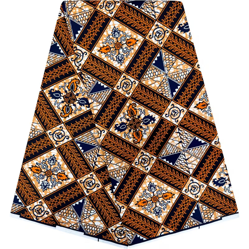 Tissu Imprimé Africain Ankara Kente – Motif Géométrique Marron & Beige | 5,49 Mètres