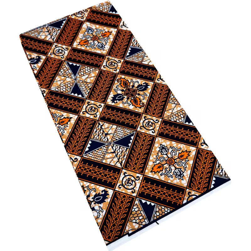 Tissu Imprimé Africain Ankara Kente – Motif Géométrique Marron & Beige | 5,49 Mètres