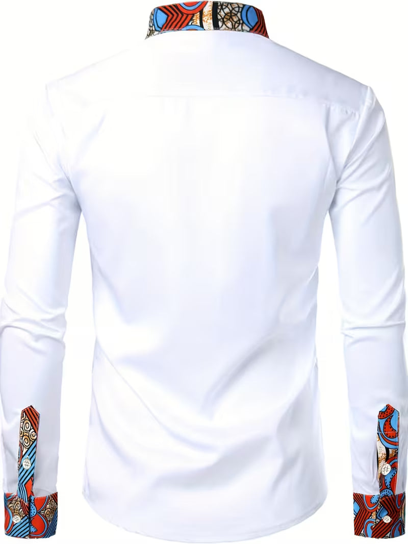 Chemise Homme Blanche Wax Africain – Détails Ankara Bleu & Rouge | L'île de Gorée