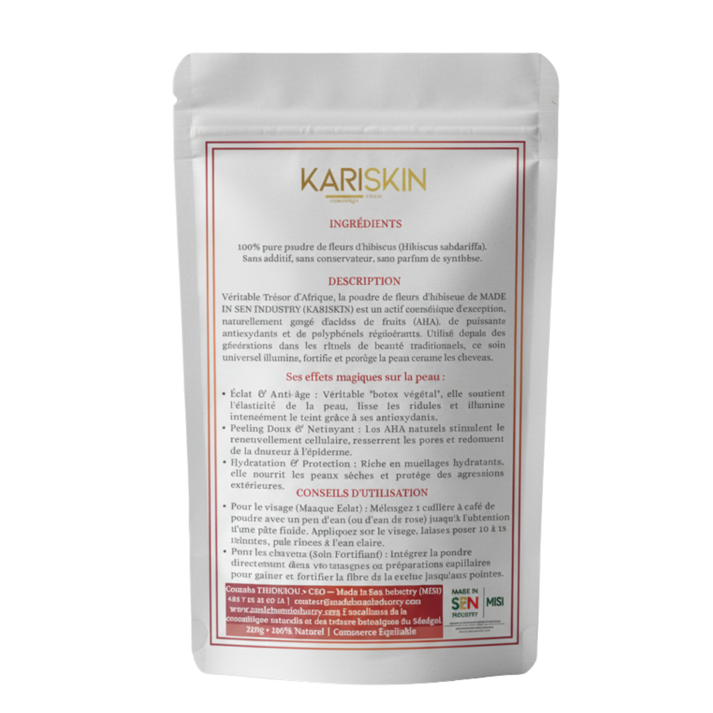 Poudre de Fleurs d’Hibiscus | Éclat & Jeunesse de la Peau | Cheveux & Visage – 250G | Kariskin