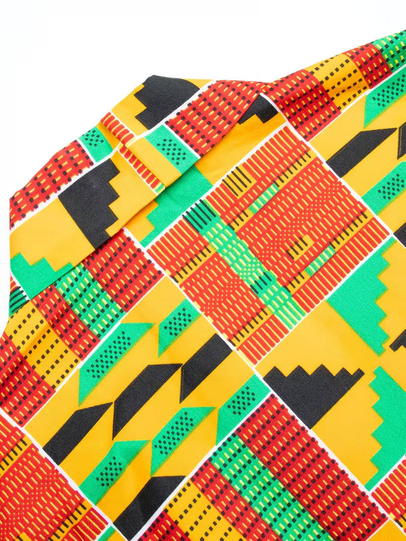 Veste Femme Col V Wax Africain – Motif Géométrique Vert Jaune rouge | L'île de Gorée