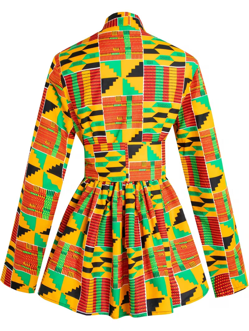 Veste Femme Col V Wax Africain – Motif Géométrique Vert Jaune rouge | L'île de Gorée