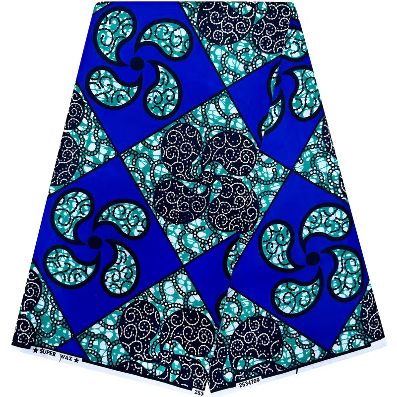 Tissu Imprimé Africain Ankara Kente – Motif Géométrique Bleu vert | 5,49 Mètres