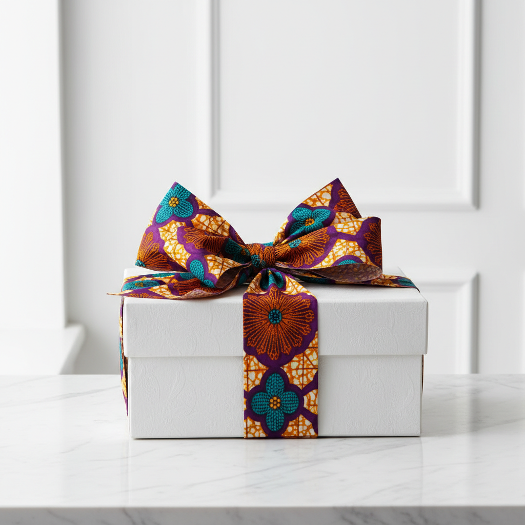 Coffret blanc élégant ruban wax africain