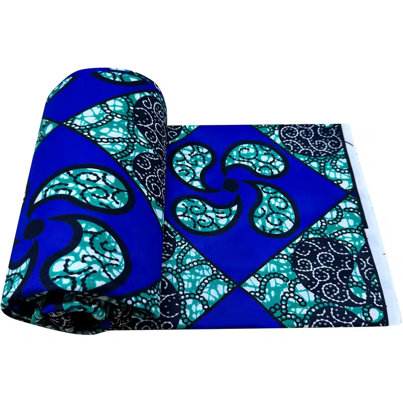 Tissu Imprimé Africain Ankara Kente – Motif Géométrique Bleu vert | 5,49 Mètres