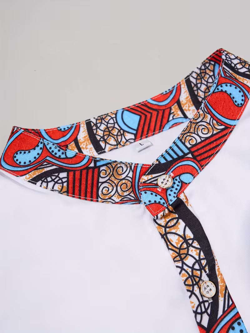 Chemise Homme Blanche Wax Africain – Détails Ankara Bleu & Rouge | L'île de Gorée