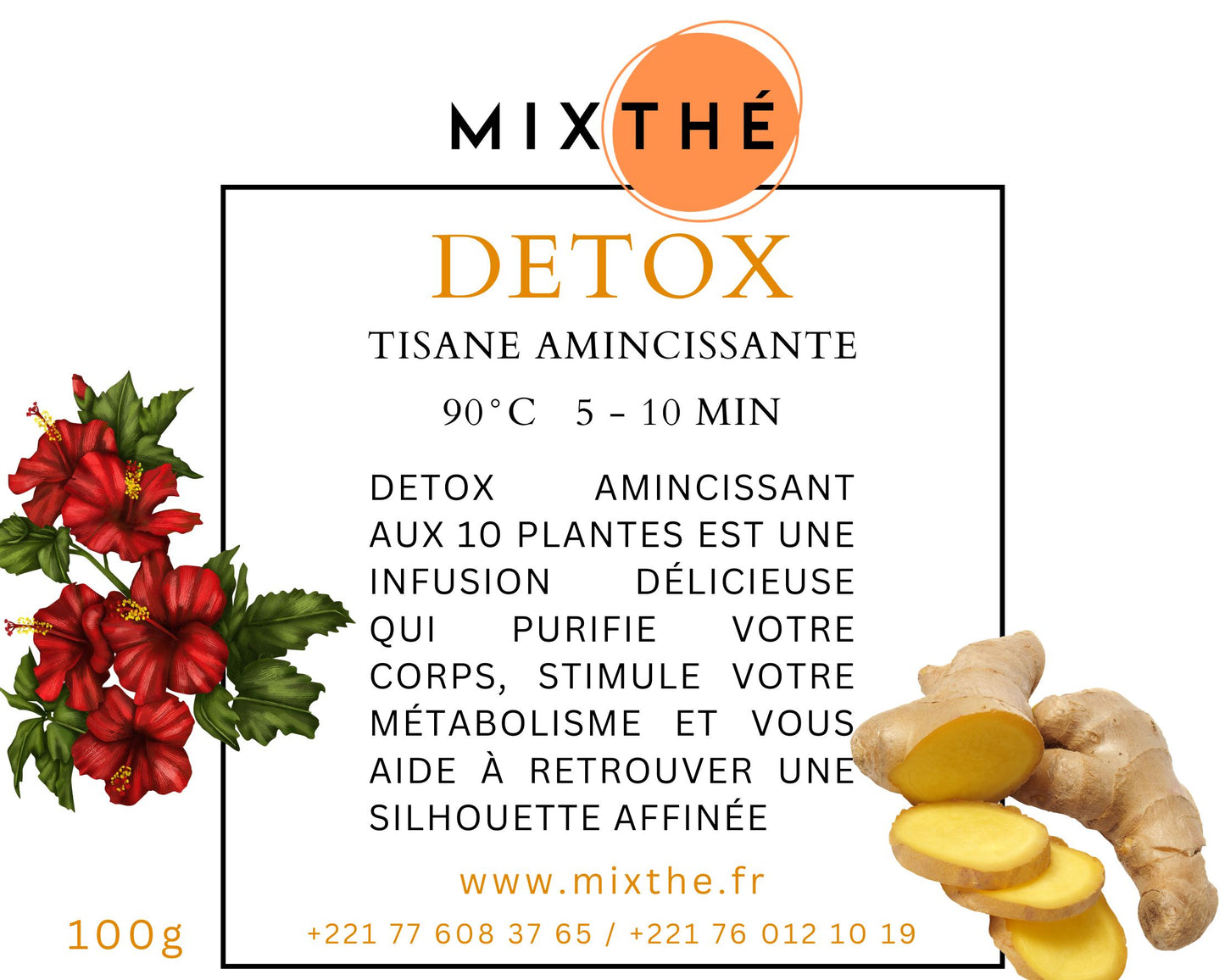 Tisane Détox Minceur Bio | Guarana, Thé Vert, Kinkeliba, Hibiscus & Gingembre – 90G | MixThé