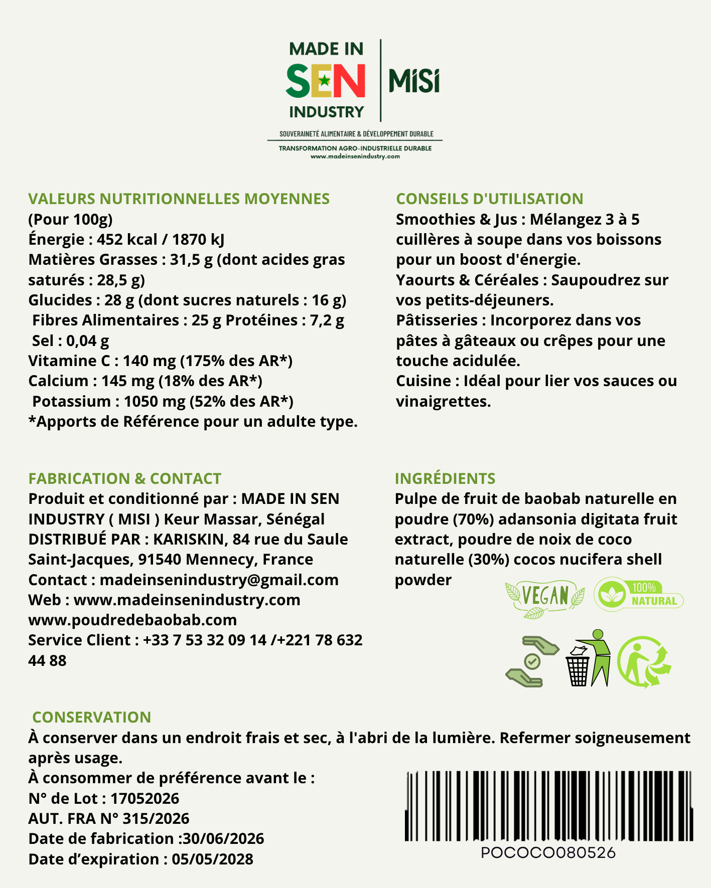 Poudre De Baobab Coco Bio 400 G