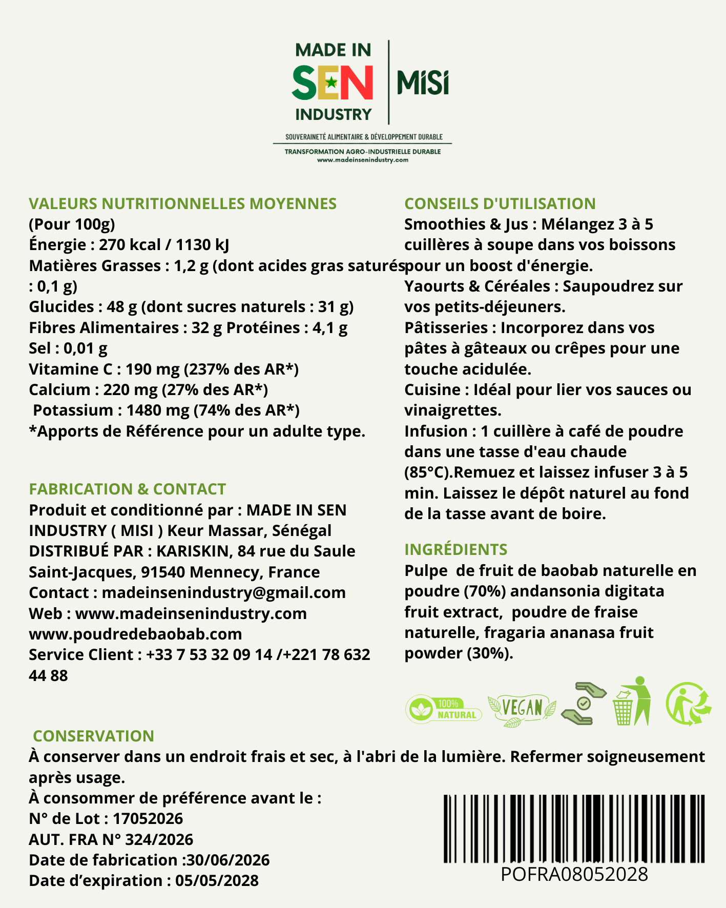 Poudre De Baobab Fraise Bio 400 G