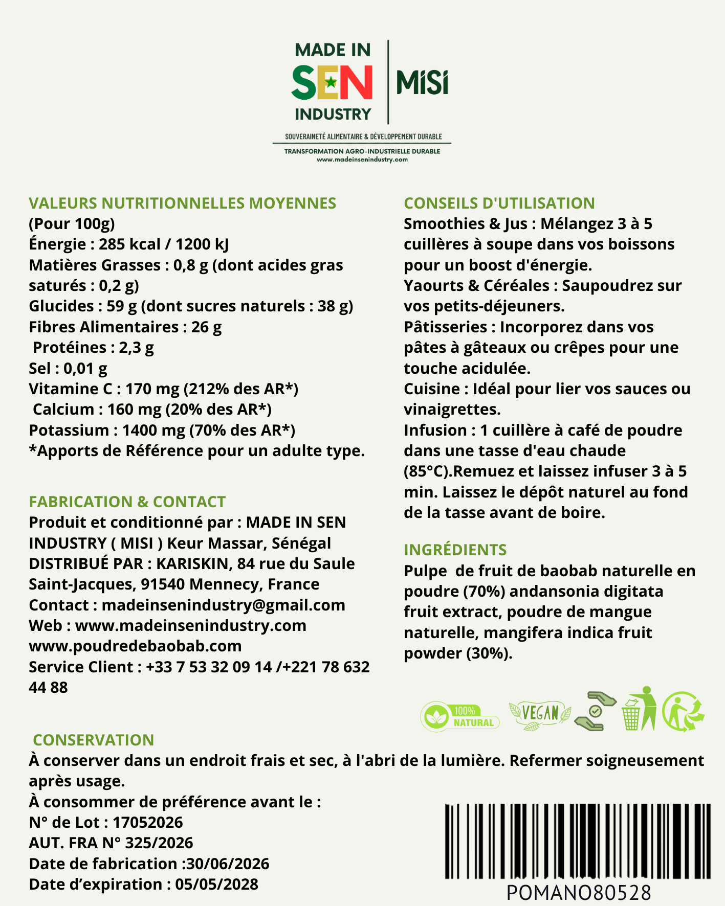 Poudre De Baobab Mangue Bio 400 G