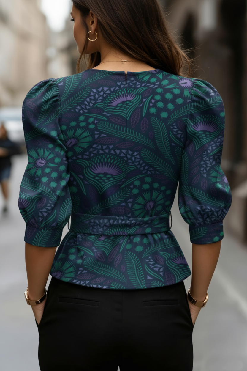 Blouse wax botanique marine vert - vue de dos