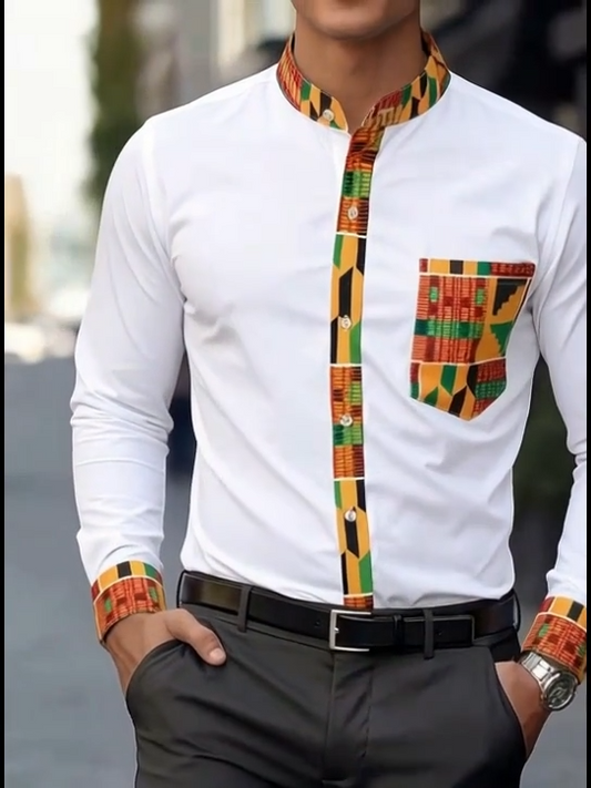 Chemise Homme Blanche Wax Africain – Détails Ankara  | L'île de Gorée
